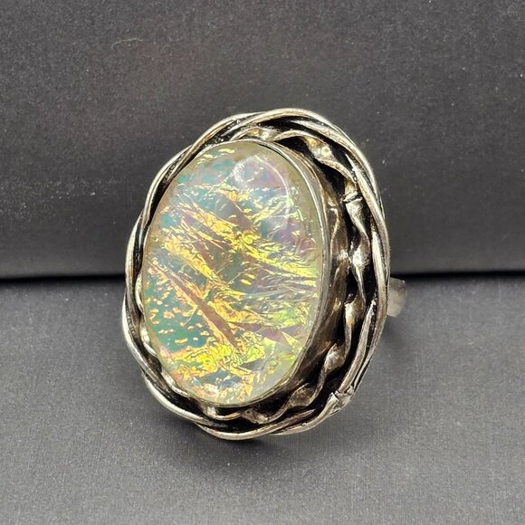 Triplet Opal Statement Ring VTG White Iridescent Cabochon Silver-Plt Size 8 - Picture 2 of 13